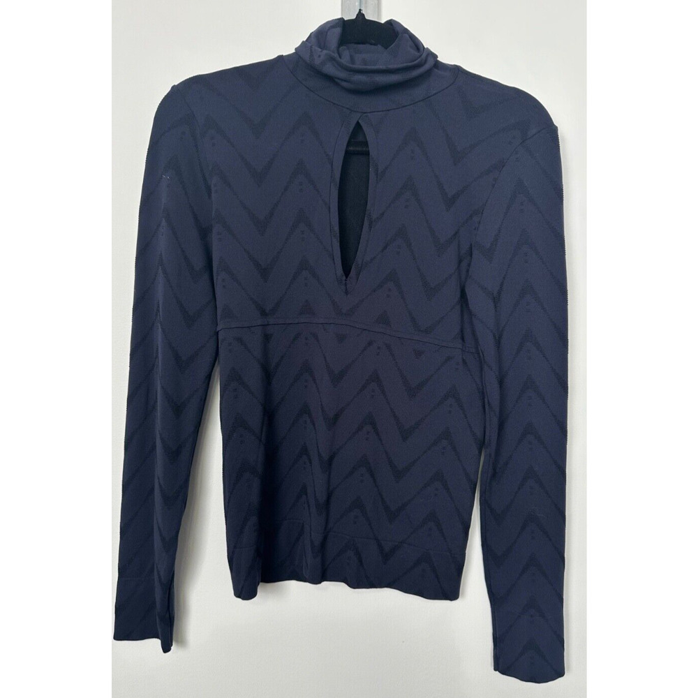 Philippe Matignon Women's S/M Navy Long Sleeve Top Fitted Key Hole Chevron A51